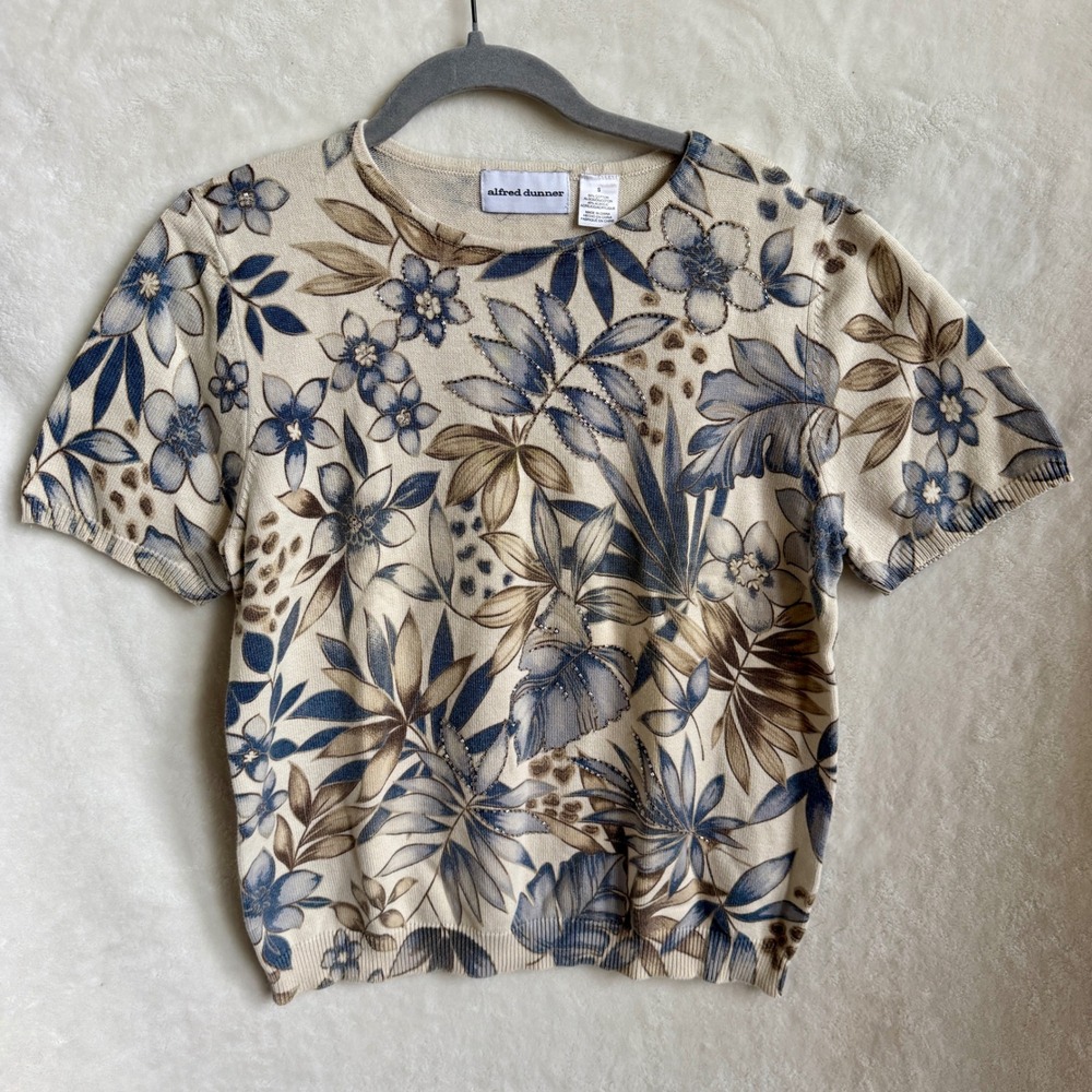 Alfred Dunner Womens Cream Blue Beaded Floral Knit Top Short Sleeve Size Small